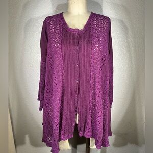 Johnny Was Love Swing Top Tunic with Swarovski Buttons in Eggplant Purple L NWT